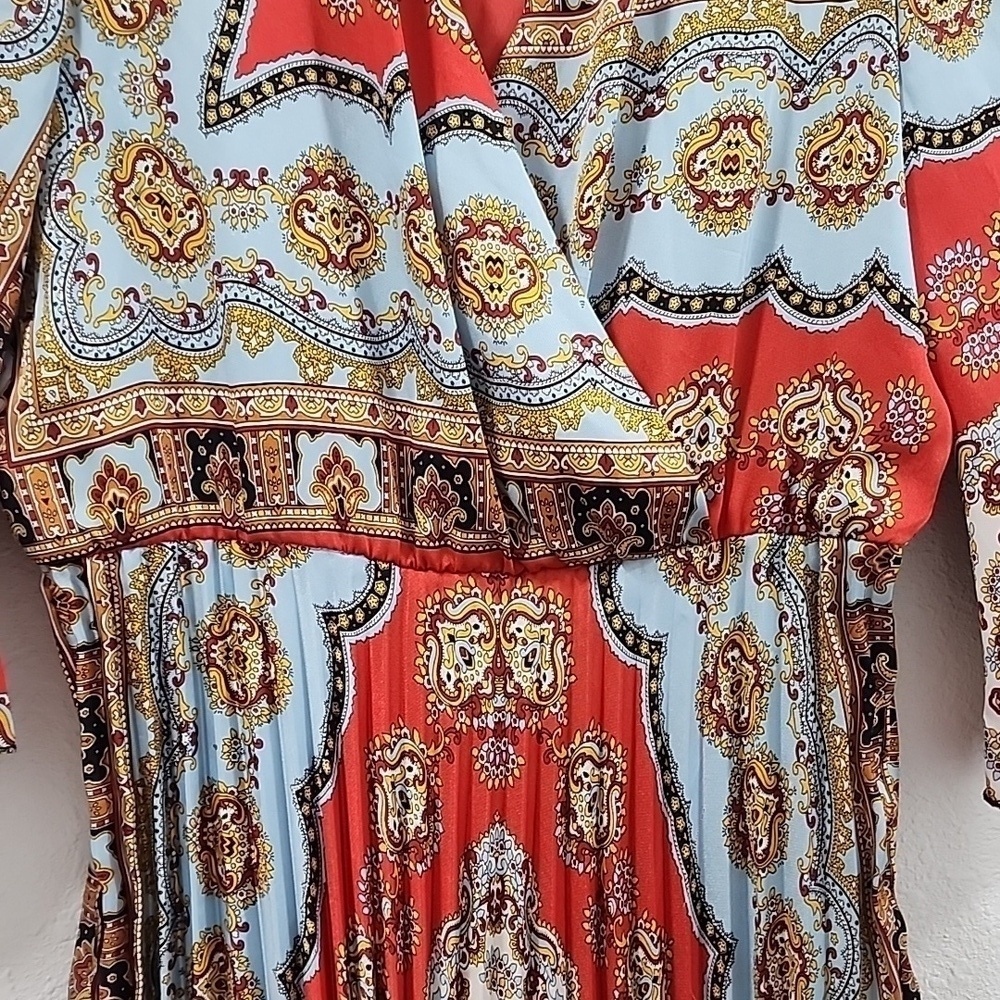 ZARA Boho Patchwork Wrap Midi Dress Red Blue Print Belted Pleated V-Neck - Picture 14 of 15